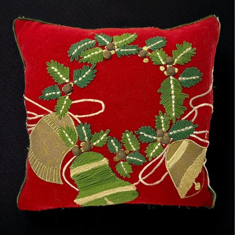 Christmas Holiday Felted Wreath Bells Pillow Removable Down Filled Insert Cover
